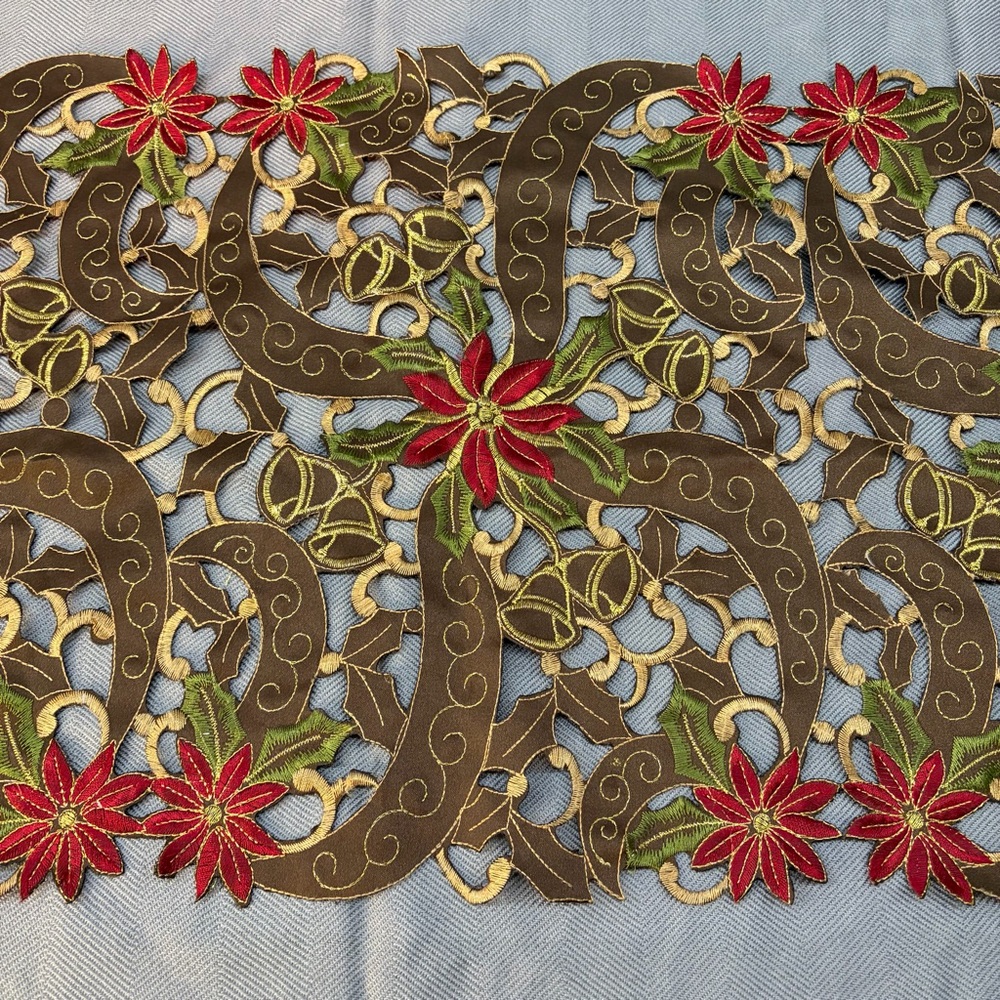 Die cut Christmas holiday table runner 15 x 52 multicolor floral red/green/gold